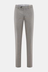 Front view of Brunello Cucinelli Chinos 'Italian Fit' grey, elastic cotton twill, tapered cut, zip and button, French and back pockets.