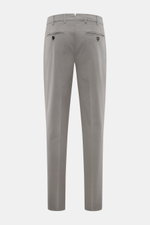 Rear view of Brunello Cucinelli Chinos 'Italian Fit' grey, showcasing tapered cut, garment-dyed twill, French and back button pockets, and elasticated cotton.