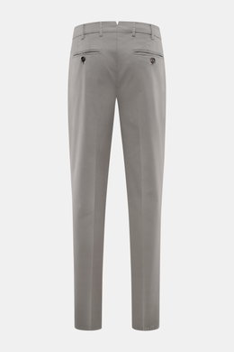 Rear view of Brunello Cucinelli Chinos 'Italian Fit' grey, showcasing tapered cut, garment-dyed twill, French and back button pockets, and elasticated cotton.
