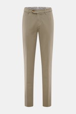 Front view of Brunello Cucinelli Chinos 'Italian Fit' sage, elasticated cotton twill, soft feel, garment-dyed, regular fit with tapered cut, zip and waist buttons, French pockets, small watch pocket, and buttoned back pockets. These chinos from luxury lab