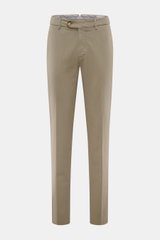 Front view of Brunello Cucinelli Chinos 'Italian Fit' sage, elasticated cotton twill, soft feel, garment-dyed, regular fit with tapered cut, zip and waist buttons, French pockets, small watch pocket, and buttoned back pockets. These chinos from luxury lab