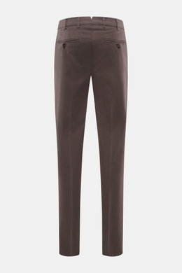 Brunello Cucinelli Chinos 'Italian Fit' grey brown shown from the back, regular fit tapered cotton twill with buttons, French pockets, watch pocket, and garment-dyed soft feel.