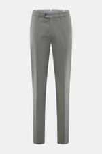Front view of Brunello Cucinelli Chinos 'Italian Fit' grey, twill made of elasticated cotton, soft feel, garment-dyed, regular fit, tapered cut, zip and waist buttons, French pockets, small watch pocket, back pockets with button, versatile classic trouser