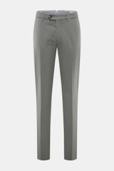 Front view of Brunello Cucinelli Chinos 'Italian Fit' grey, twill made of elasticated cotton, soft feel, garment-dyed, regular fit, tapered cut, zip and waist buttons, French pockets, small watch pocket, back pockets with button, versatile classic trouser
