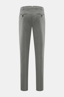 Brunello Cucinelli Chinos 'Italian Fit' grey shown from the back, featuring tapered cut, elasticated cotton twill, garment-dyed, French pockets, small watch pocket, and buttoned back pockets. These chinos from luxury label BRUNELLO CUCINELLI are a versati