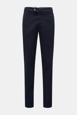 Front view of Brunello Cucinelli Chinos 'Italian Fit' navy, elasticated cotton twill, soft feel, garment-dyed, regular fit, tapered cut, zip and waist buttons, French pockets, small watch pocket, back pockets with button.