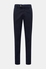 Front view of Brunello Cucinelli Chinos 'Italian Fit' navy, elasticated cotton twill, soft feel, garment-dyed, regular fit, tapered cut, zip and waist buttons, French pockets, small watch pocket, back pockets with button.