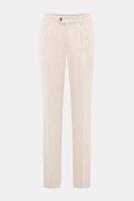 Front view of Brunello Cucinelli Corduroy pants sand, classic pleats, pure cotton, soft, garment dyed, regular fit, slim tapering.