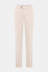 Front view of Brunello Cucinelli Corduroy pants sand, classic pleats, pure cotton, soft, garment dyed, regular fit, slim tapering.