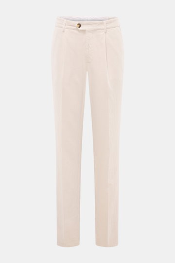 Front view of Brunello Cucinelli Corduroy pants sand, classic pleats, pure cotton, soft, garment dyed, regular fit, slim tapering.
