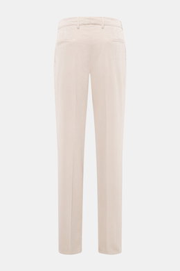Back view of Brunello Cucinelli Corduroy pants sand, made of pure cotton with soft feel, featuring single pleat, French and welt pockets, zipper, waistband buttons, regular fit with very slim tapering, garment dyed.