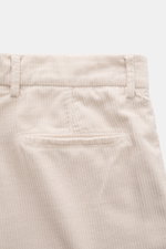 Close-up front view of Brunello Cucinelli Corduroy pants sand in soft, pure cotton fabric with belt loops, single pleat, French pockets, and garment-dyed finish.