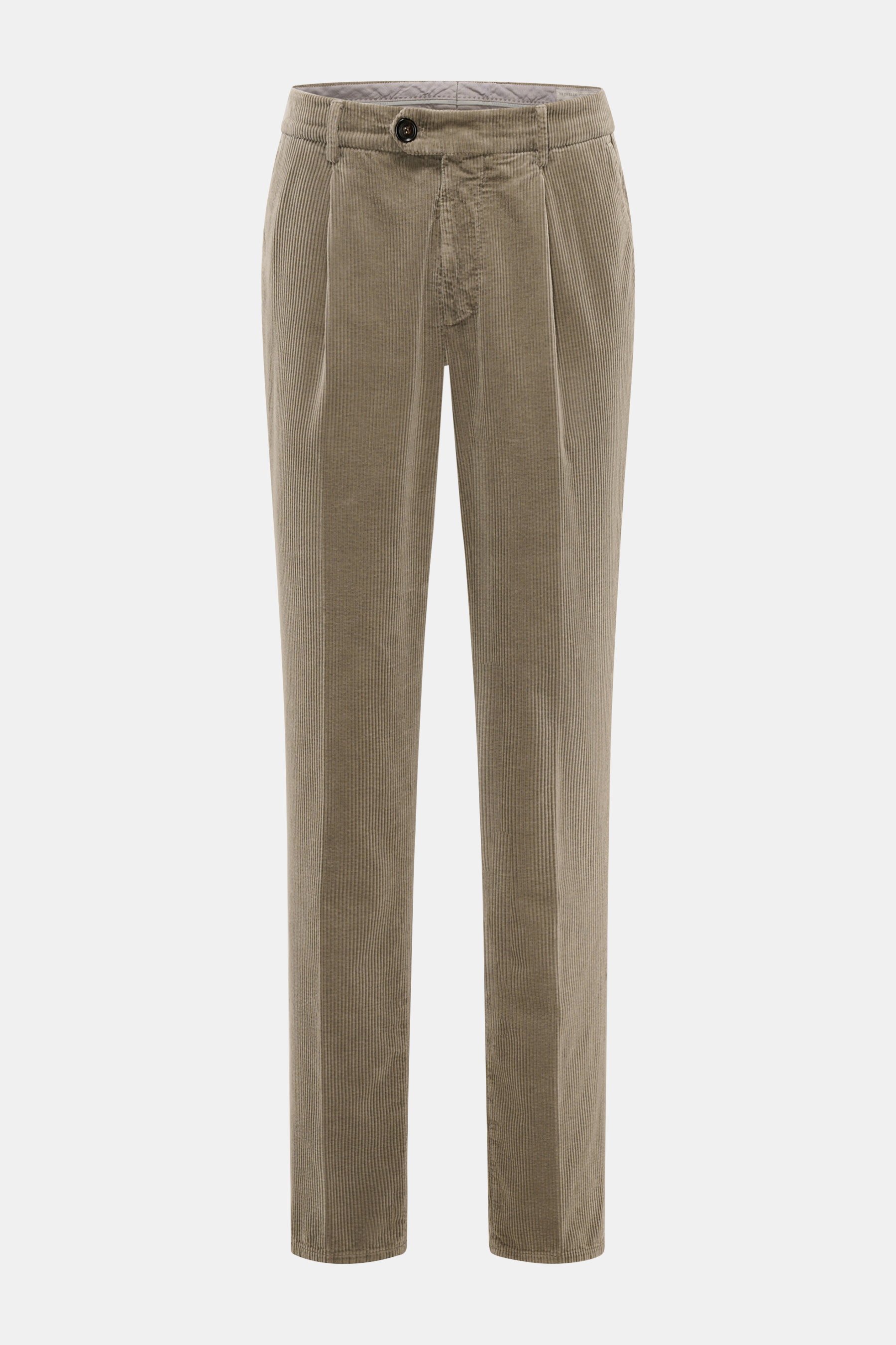 Brunello Cucinelli Cordhose salbei in Frontansicht, elegante Baumwoll-Cordhose mit Bundfalte, schmal zulaufend, Reißverschluss, Knöpfen, Taschen.