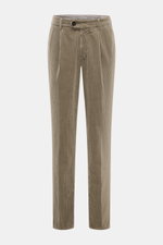 Brunello Cucinelli Corduroy pants sage shown from front, garment dyed pure cotton corduroy, soft feel, regular fit, slim tapering, single pleat, French and welt pockets, zipper, and waistband buttons.