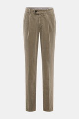 Brunello Cucinelli Corduroy pants sage shown from front, garment dyed pure cotton corduroy, soft feel, regular fit, slim tapering, single pleat, French and welt pockets, zipper, and waistband buttons.