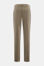 Brunello Cucinelli Corduroy pants sage shown from the back, elegant cotton corduroy with soft feel, single pleat, French and welt pockets, zipper, buttons, regular fit, slim tapering.