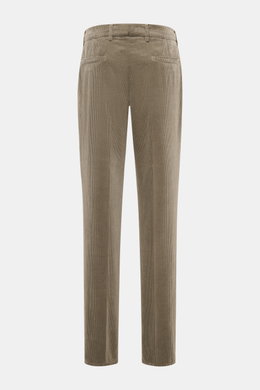 Brunello Cucinelli Corduroy pants sage shown from the back, elegant cotton corduroy with soft feel, single pleat, French and welt pockets, zipper, buttons, regular fit, slim tapering.