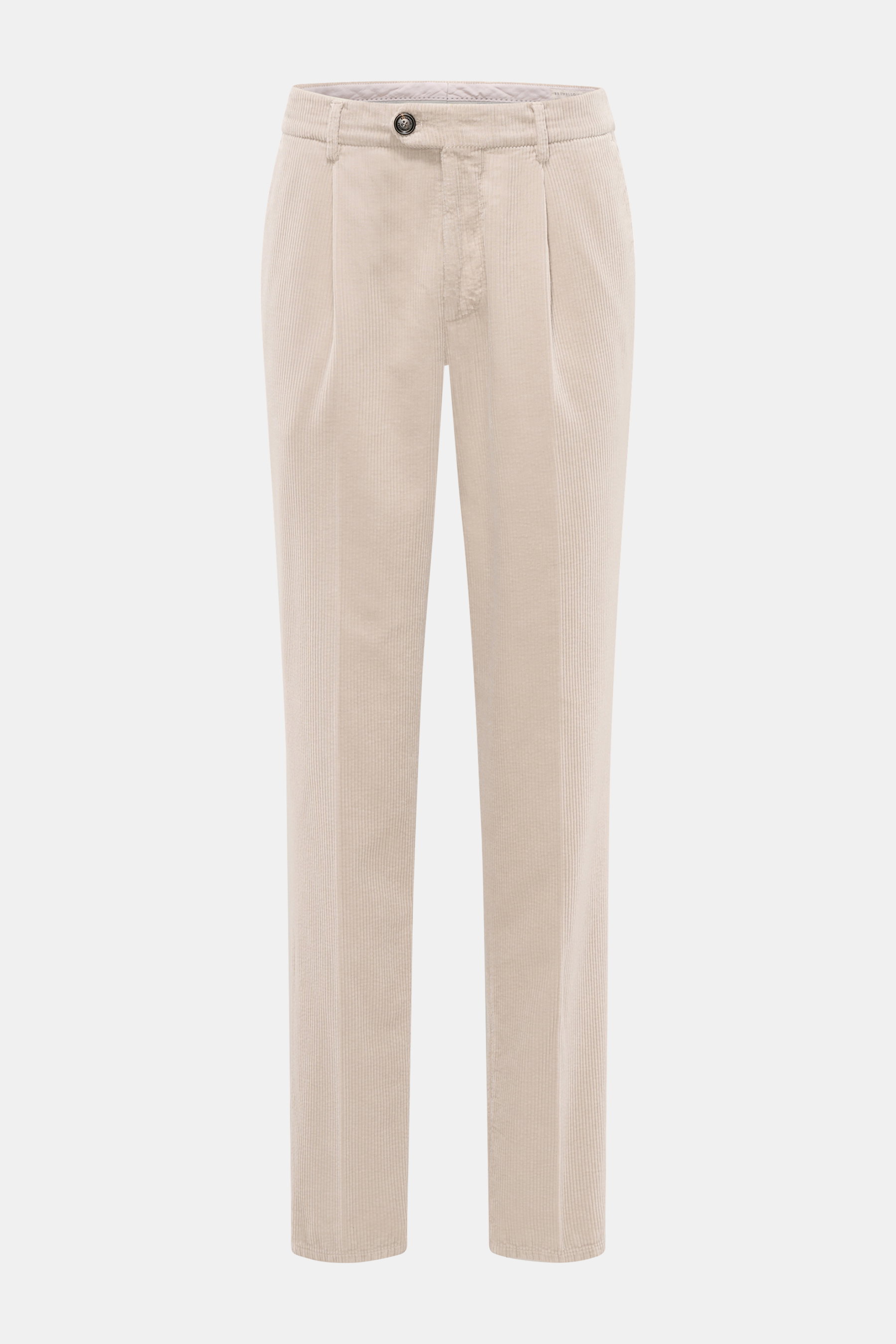 Brunello Cucinelli Cordhose beige, frontal fotografiert, aus weichem Baumwoll-Cord mit Bundfalte, Reißverschluss, Bundknöpfen, französischen Taschen, Regular Fit, schmal zulaufend.
