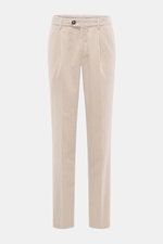 Front view of Brunello Cucinelli Beige Corduroy Pants in pure cotton with classic single pleat, regular fit, soft touch, garment dyed fabric, zipper and button closure, French pockets, and welt back pockets.