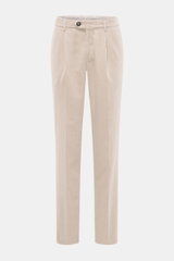 Front view of Brunello Cucinelli Beige Corduroy Pants in pure cotton with classic single pleat, regular fit, soft touch, garment dyed fabric, zipper and button closure, French pockets, and welt back pockets.