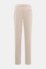Back view of Brunello Cucinelli Beige Corduroy Pants made of pure cotton with soft touch, garment dyed, regular fit, very slim tapering, zipper and waistband buttons, French pockets, single pleat, and welt pockets at the back. Corduroy can also be elegant