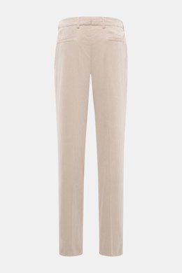 Back view of Brunello Cucinelli Beige Corduroy Pants made of pure cotton with soft touch, garment dyed, regular fit, very slim tapering, zipper and waistband buttons, French pockets, single pleat, and welt pockets at the back. Corduroy can also be elegant