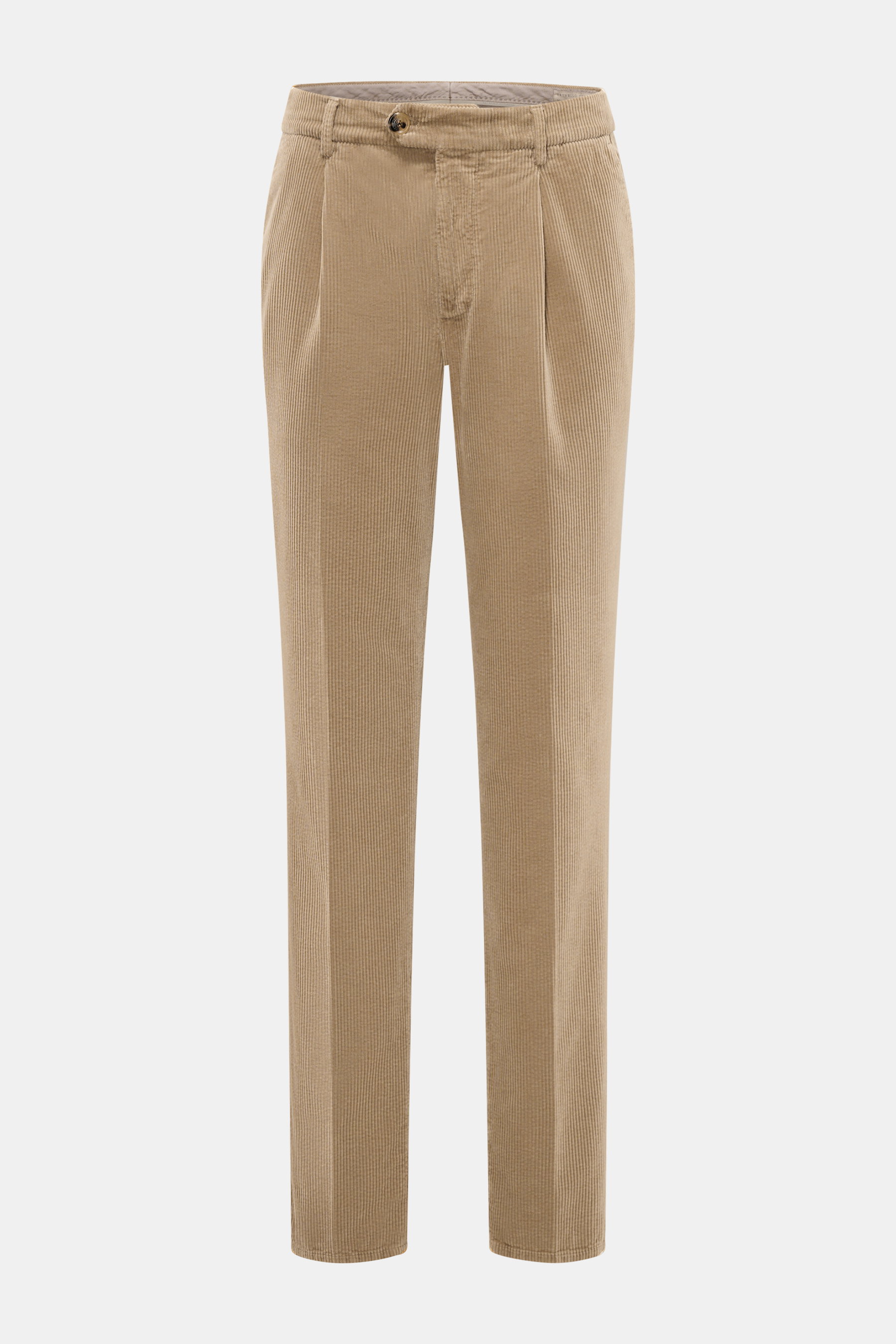 Front view of Brunello Cucinelli Light brown corduroy pants, garment dyed pure cotton with soft feel, classic pleats, French and welt pockets, zipper, and button waistband.