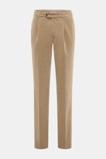 Front view of Brunello Cucinelli Light brown corduroy pants, garment dyed pure cotton with soft feel, classic pleats, French and welt pockets, zipper, and button waistband.