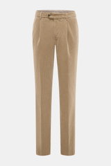Front view of Brunello Cucinelli Light brown corduroy pants, garment dyed pure cotton with soft feel, classic pleats, French and welt pockets, zipper, and button waistband.