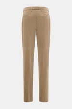 Brunello Cucinelli Light brown corduroy pants shown from the back, cotton fabric, soft feel, garment dyed, regular fit, slim tapering, single pleat, French and welt pockets.