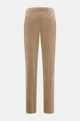 Brunello Cucinelli Light brown corduroy pants shown from the back, cotton fabric, soft feel, garment dyed, regular fit, slim tapering, single pleat, French and welt pockets.