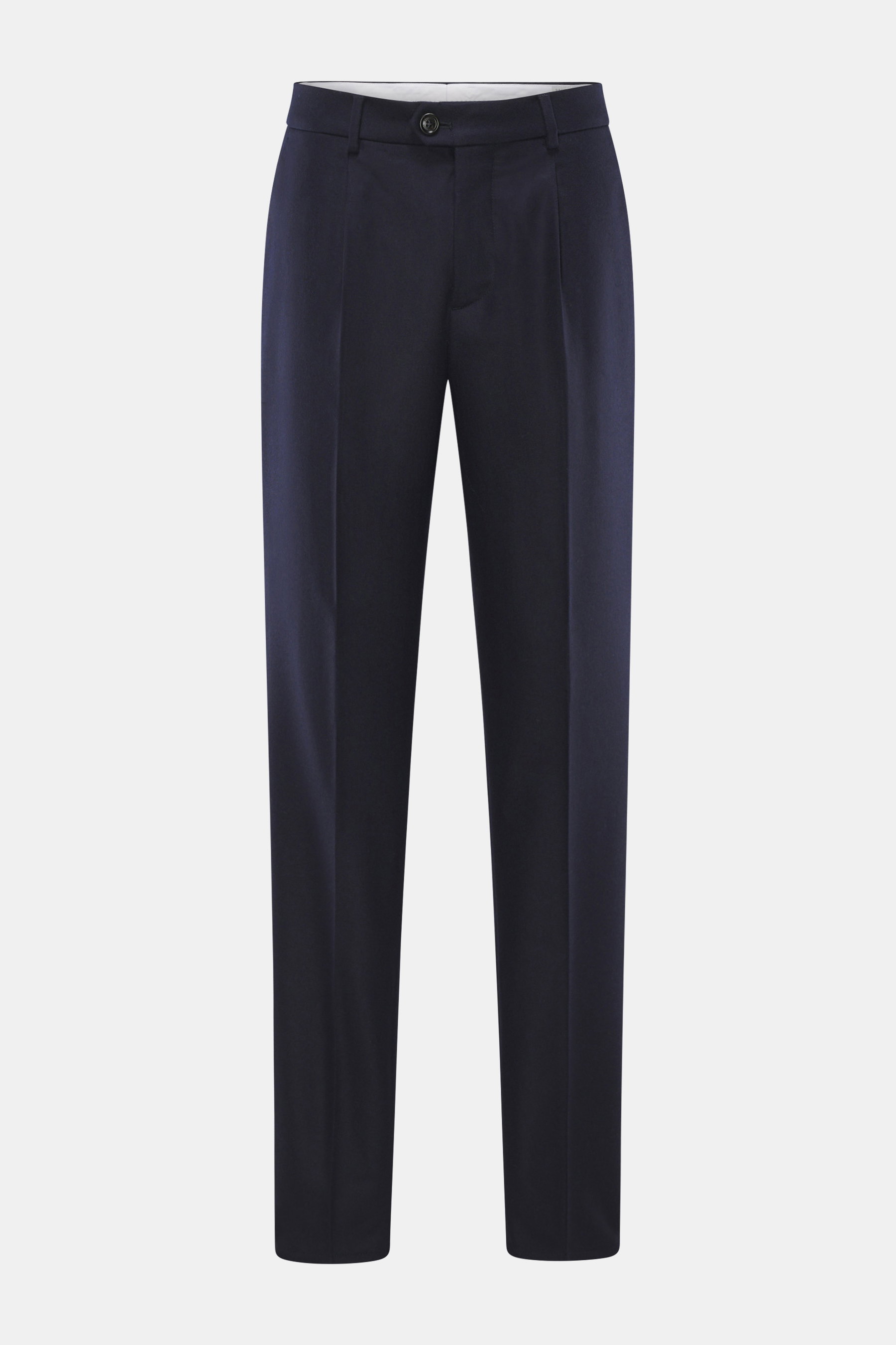 Brunello Cucinelli wool trousers navy shown from front, pleated front, zipper, button waistband, French and welt pockets.