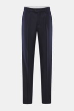 Brunello Cucinelli wool trousers navy shown from front, pleated front, zipper, button waistband, French and welt pockets.