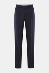 Brunello Cucinelli wool trousers navy shown from front, pleated front, zipper, button waistband, French and welt pockets.