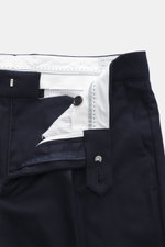 Close-up front view of Brunello Cucinelli wool trousers navy showing zipper, waistband buttons, and white inner lining details.

Description:  
<p>These wool trousers of the luxury label BRUNELLO CUCINELLI are a true classic among trouser models with thei