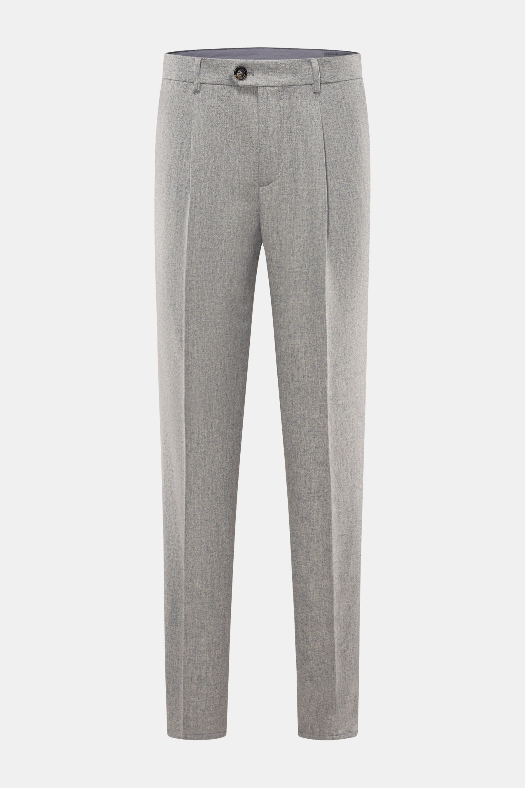 Brunello Cucinelli Wollhose hellgrau meliert in Frontperspektive, reine Schurwolle, Bundfalte, Regular Fit, französische Taschen, Leistentaschen.