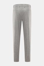 Brunello Cucinelli wool trousers light grey melange shown from the back, pure virgin wool, soft touch, regular fit, zipper and waistband buttons, single pleat, French pockets, welt pockets on the back.