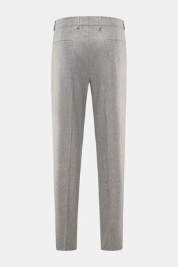 Brunello Cucinelli wool trousers light grey melange shown from the back, pure virgin wool, soft touch, regular fit, zipper and waistband buttons, single pleat, French pockets, welt pockets on the back.