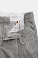 Close-up front view of Brunello Cucinelli wool trousers light grey melange with zipper, button, and pleated front detailing.

Description: 
<p>These wool trousers of the luxury label BRUNELLO CUCINELLI are a true classic among trouser models with their pl