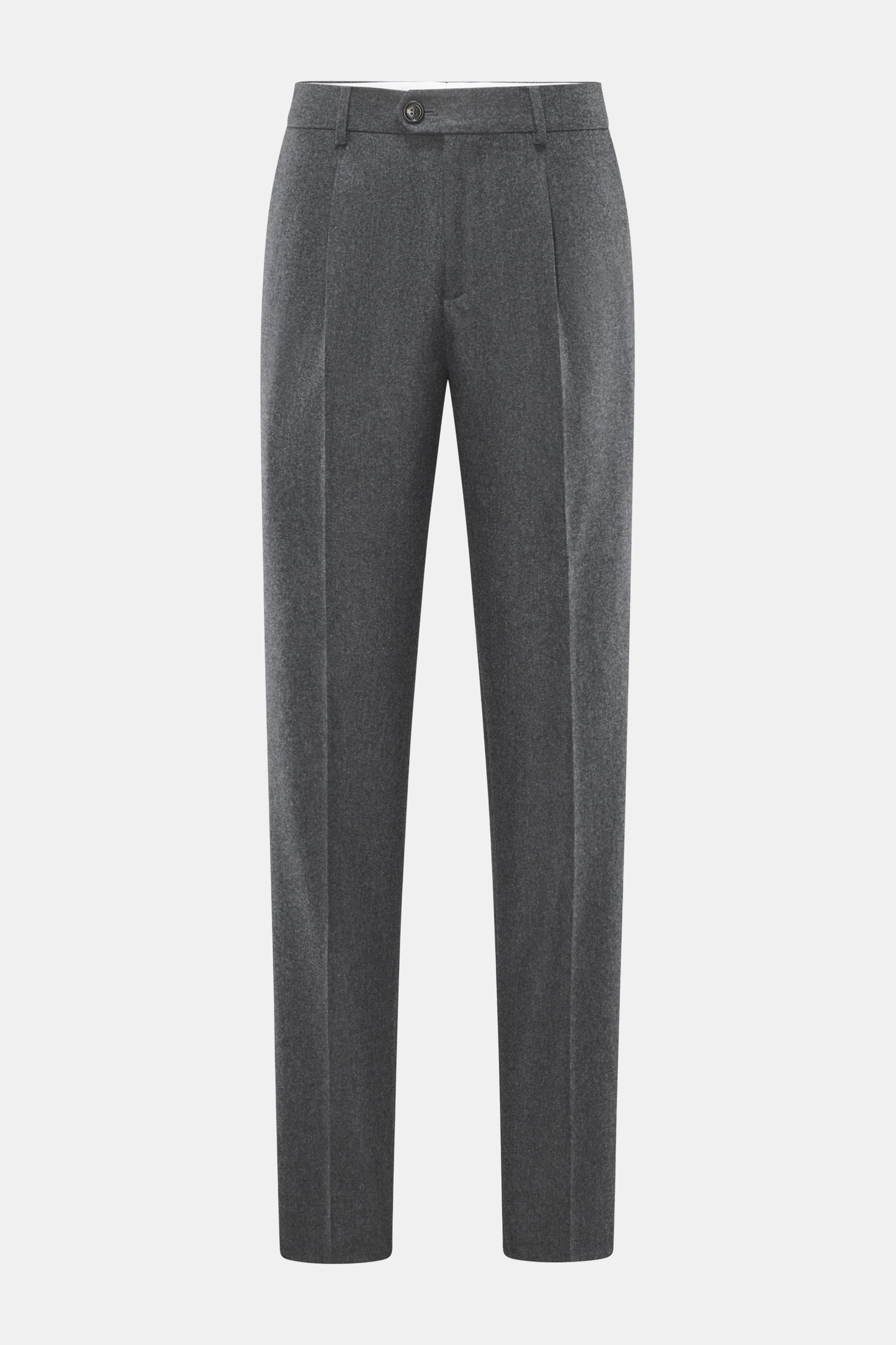 Front view of Brunello Cucinelli wool trousers dark grey melange with pleated front, zipper, waistband buttons, French and welt pockets.

Additional description: 
<p>These wool trousers of the luxury label BRUNELLO CUCINELLI are a true classic among trous