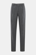 Front view of Brunello Cucinelli wool trousers dark grey melange with pleated front, zipper, waistband buttons, French and welt pockets.

Additional description: 
<p>These wool trousers of the luxury label BRUNELLO CUCINELLI are a true classic among trous