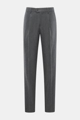 Front view of Brunello Cucinelli wool trousers dark grey melange with pleated front, zipper, waistband buttons, French and welt pockets.

Additional description: 
<p>These wool trousers of the luxury label BRUNELLO CUCINELLI are a true classic among trous