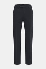 Incotex Baumwollhose dark navy, frontale Nahaufnahme, Twill aus Baumwolle, leicht elastisch, weicher Griff, Regular Fit, schmal zulaufend, Reißverschluss, Bundknopf, verlängerter Knopfriegel, französische Taschen, Uhrentaschen, Gesäßtaschen mit Knopf.