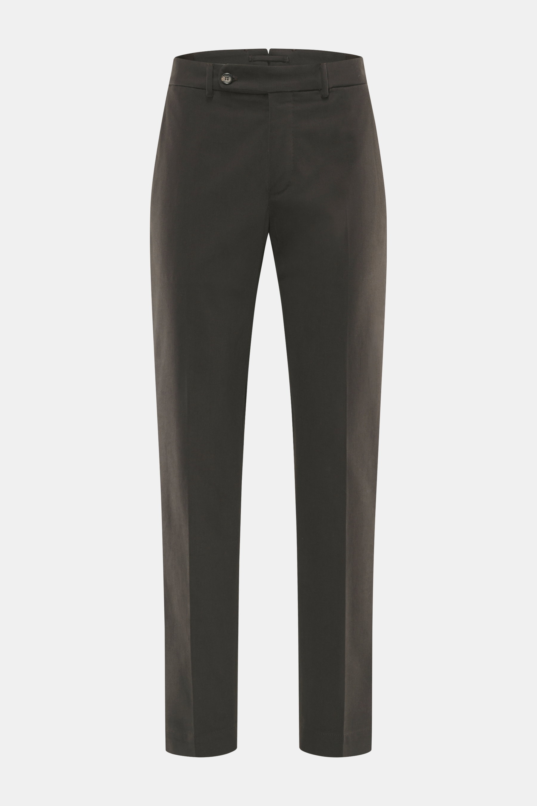 Incotex Baumwollhose graubraun, frontal fotografiert, Twill aus Baumwolle, leicht elastisch, weicher Griff, Regular Fit, schmal zulaufend, Reißverschluss, Bundknopf, Knopfriegel, französische Taschen, Uhrentaschen, Gesäßtaschen mit Knopf.
