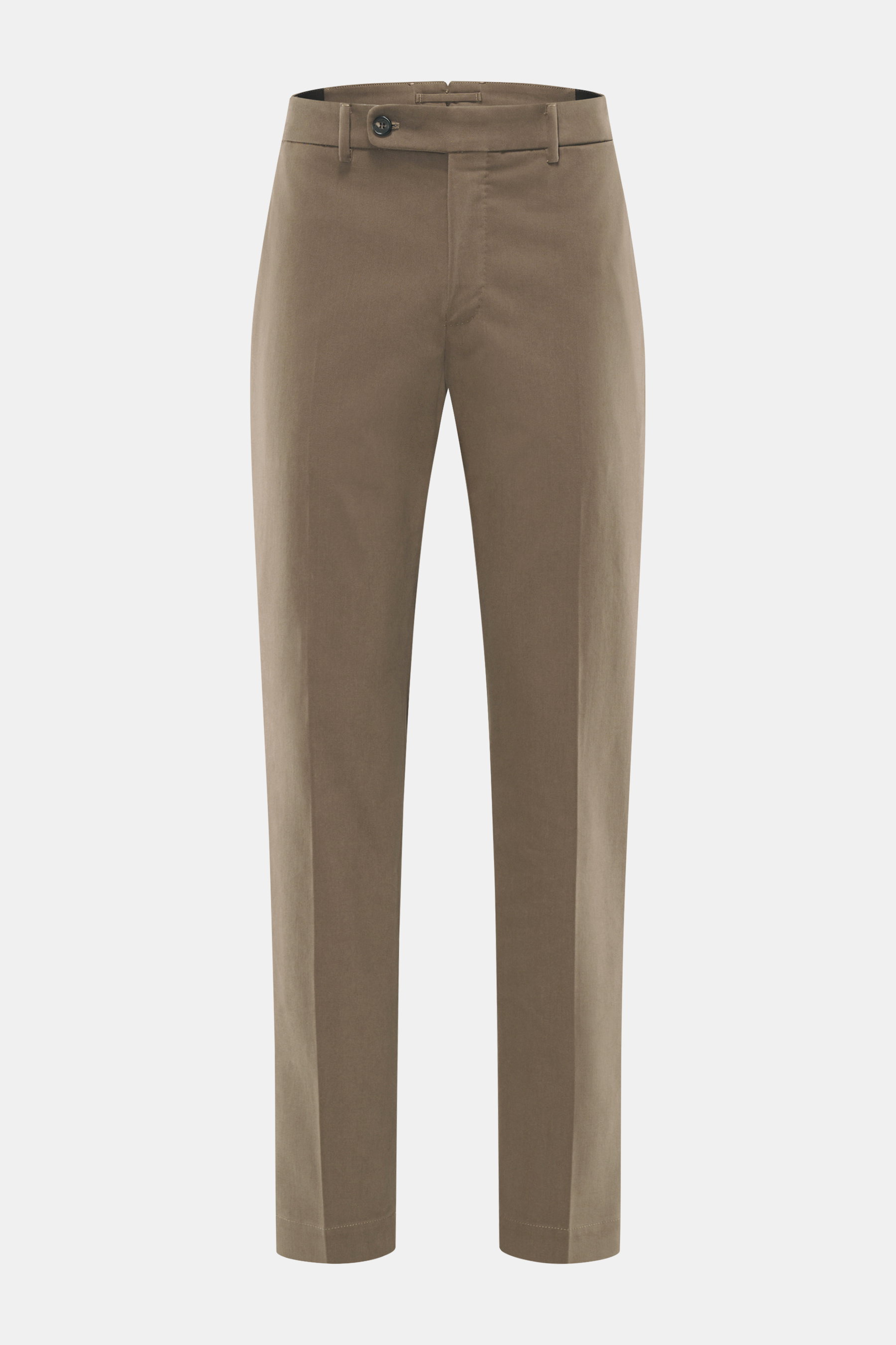 Incotex Baumwollhose braun, frontale Ansicht, Twill aus Baumwolle, leicht elastisch, weicher Griff, Regular Fit, schmal zulaufend, Reißverschluss, Bundknopf, verlängerter Knopfriegel, französische Taschen, Uhrentaschen, Gesäßtaschen mit Knopf.