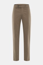 Incotex Baumwollhose braun, frontale Ansicht, Twill aus Baumwolle, leicht elastisch, weicher Griff, Regular Fit, schmal zulaufend, Reißverschluss, Bundknopf, verlängerter Knopfriegel, französische Taschen, Uhrentaschen, Gesäßtaschen mit Knopf.