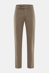 Incotex Baumwollhose braun, frontale Ansicht, Twill aus Baumwolle, leicht elastisch, weicher Griff, Regular Fit, schmal zulaufend, Reißverschluss, Bundknopf, verlängerter Knopfriegel, französische Taschen, Uhrentaschen, Gesäßtaschen mit Knopf.