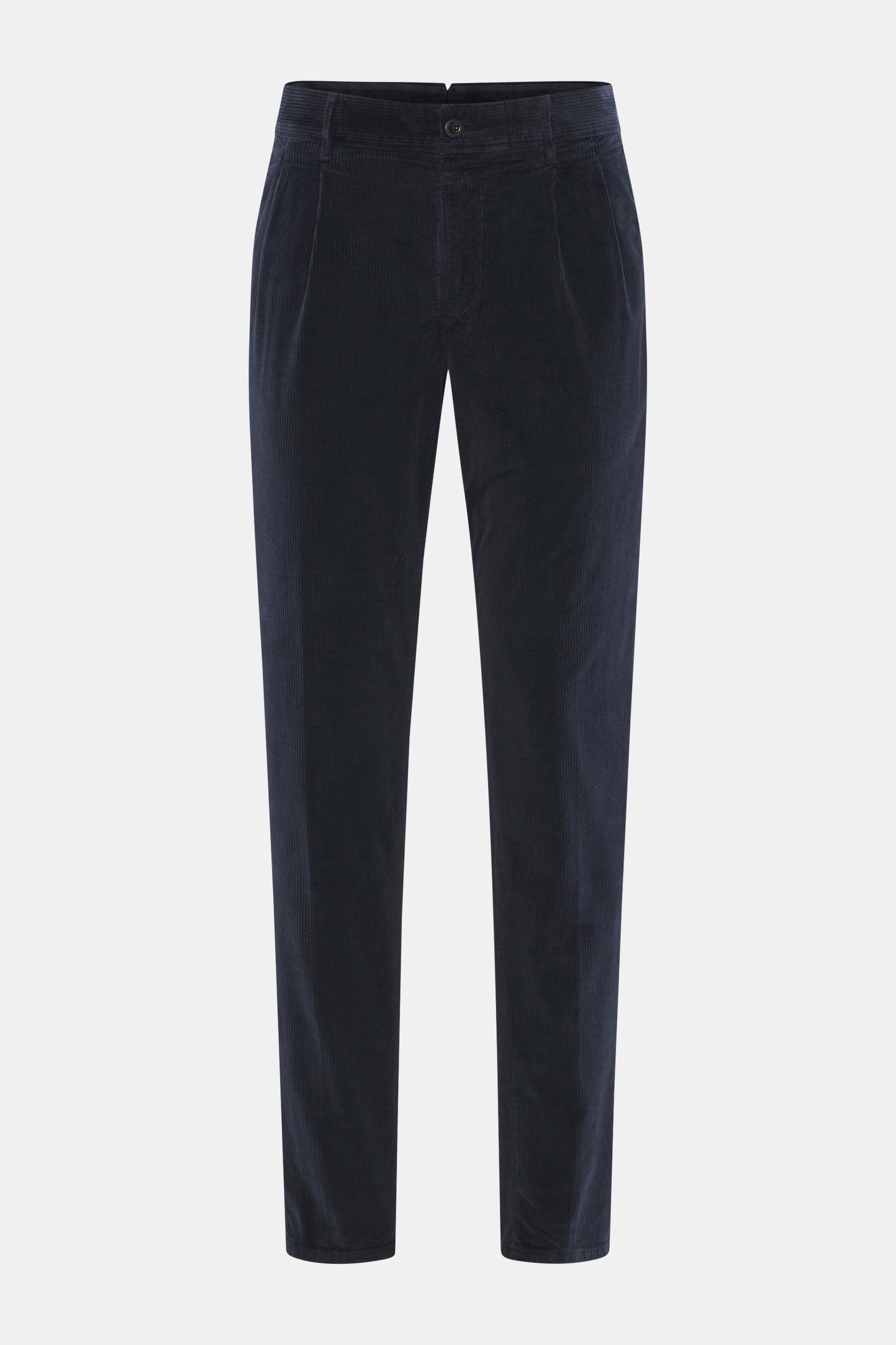 Incotex Cordhose navy aus Baumwoll-Cord, leicht elastisch, weicher Griff, Regular Fit, schmal zulaufend, Zip Fly, doppelte Bundfalte, Taschen, Frontalansicht.