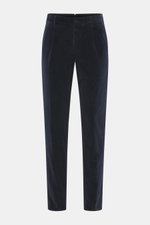 Incotex Cordhose navy aus Baumwoll-Cord, leicht elastisch, weicher Griff, Regular Fit, schmal zulaufend, Zip Fly, doppelte Bundfalte, Taschen, Frontalansicht.