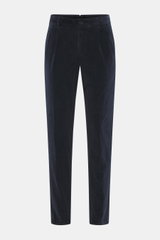 Incotex Cordhose navy aus Baumwoll-Cord, leicht elastisch, weicher Griff, Regular Fit, schmal zulaufend, Zip Fly, doppelte Bundfalte, Taschen, Frontalansicht.